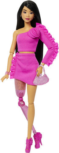 Barbie Deluxe Style with Black Hair and Glittery Prosthetic Leg, Pink Top and Skirt Set with Rose Detail and Accessories
